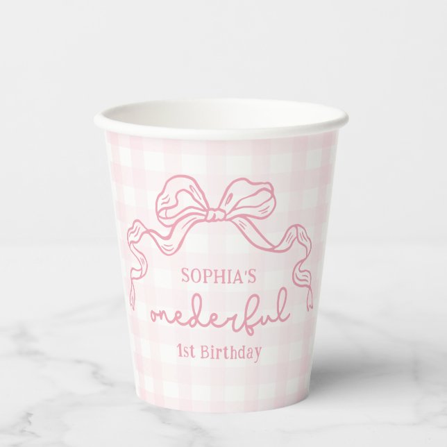 Vasos De Papel Doodle Pink Bow Baby Girl Primer cumpleaños (Anverso)