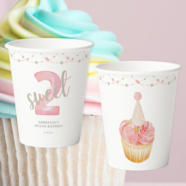 Vasos De Papel Dos Cumpleaños Dulces Cupcake 2do Cumpleaños  (Two Sweet Cute Cupcake 2nd Birthday Paper Cups
)