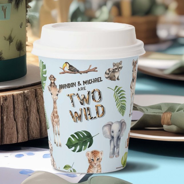 Vasos De Papel Dos gemelos azul Safari tema 2 salvaje (Twins Blue Two Wild 2nd Birthday paper cups)
