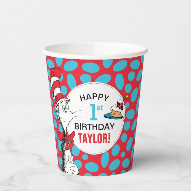 Vasos De Papel Dr. Seuss | Gato en cumpleaños Gorra (Izquierda)