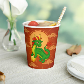 Vasos De Papel Dragón Chino Verde sobre Rojo