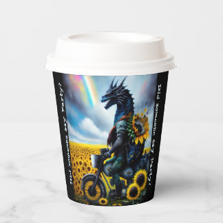 Vasos De Papel Dragón montando una moto a través de girasoles