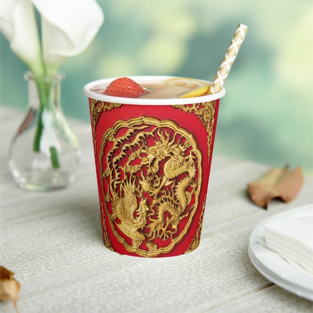 Vasos De Papel Dragon Phoenix Red Gold Boda China (in situ)