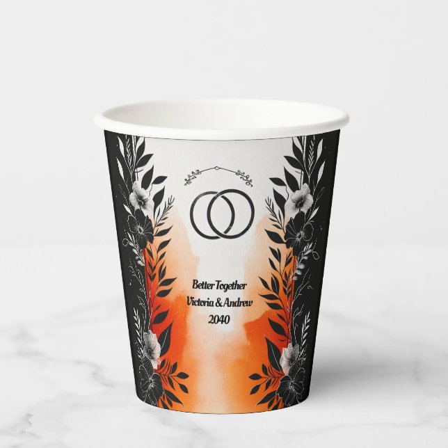Vasos De Papel Dramática acuarela Naranja negro Boda floral (Anverso)