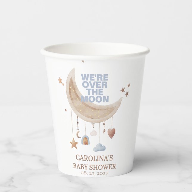 Vasos De Papel Dreamy Over the Moon blue baby ducha (Anverso)