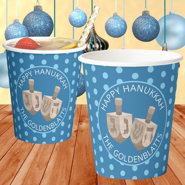 Vasos De Papel Dreidel Rustic Oak Cute Polka Fiesta Hanukkah (Personalized Hanukkah paper cups in polka dots and dreidels are just too cute. Perfect for parties)