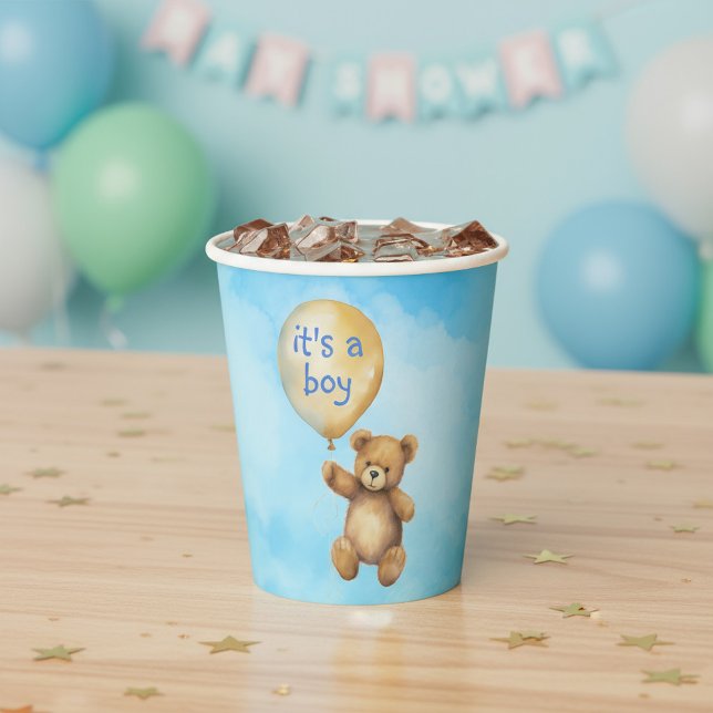 Vasos De Papel Ducha con globo flotante de oso de peluche (Cute teddy bear floating balloon baby shower paper cups.)