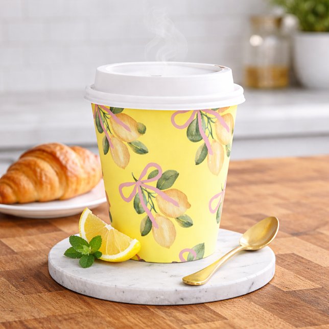 Vasos De Papel Ducha de Bebé Cinta Rosa Limón Amarillo (Yellow-Lemon-Pink-Ribbon-Baby-Shower-Paper-Cups)