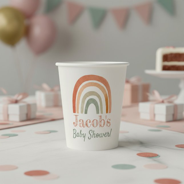 Vasos De Papel Ducha de Bebé con Acuarela de Arcoíris en Pastel C (Warm Pastel Rainbow Watercolor Baby Shower Paper Cups.)
