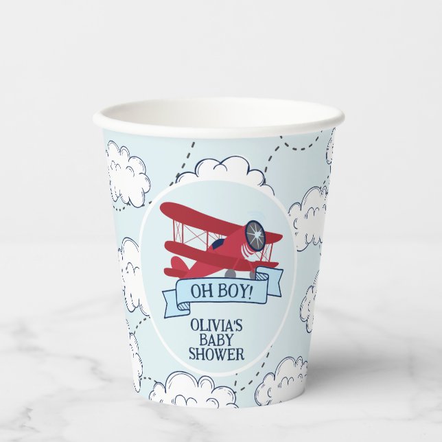 Vasos De Papel Ducha de bebé de Avión Rojo (Anverso)
