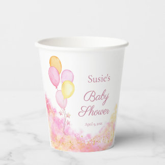 Vasos De Papel Ducha de bebé de globo de acuarela rosa personaliz
