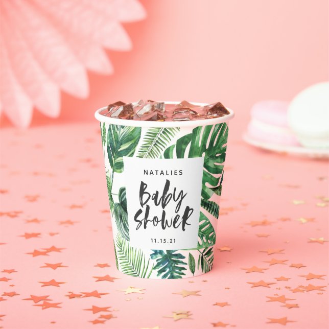 Vasos De Papel ducha de bebé de hojas tropicales en blanco y negr (in situ)