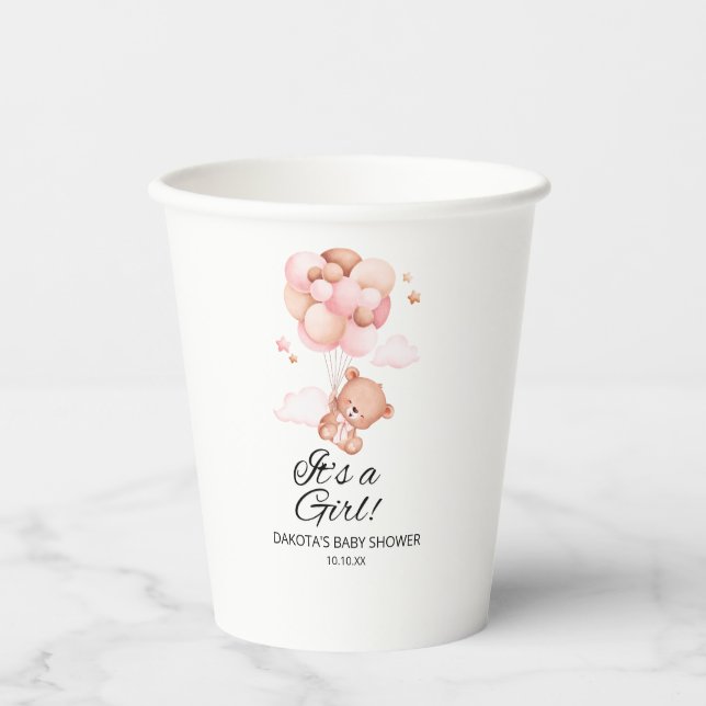 Vasos De Papel Ducha de Bebé Globo de Osito de Peluche Rosa (Anverso)
