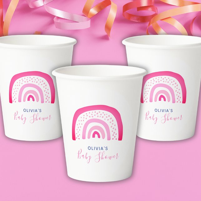 Vasos De Papel Ducha de Bebé Niña Arcoíris Rosa (Modern pink baby shower paper party cups. Matching items available. Customizable text.)