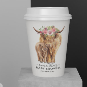 Vasos De Papel Ducha de Bebé Vaca Highland Ternero Acuarela