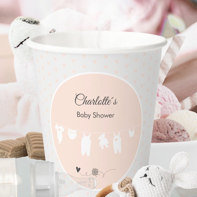Vasos De Papel Ducha de Niña Bebé Corazones Melocotón Claro (Modern Peach Pink Heart Pattern Baby Girl Shower Paper Cups ©Susanne Sachers - Sunny Mind 🌞)