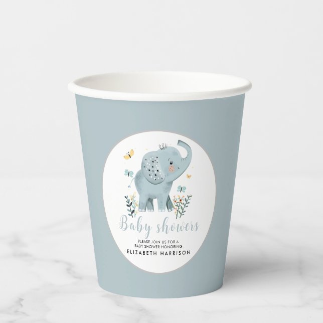 Vasos De Papel Ducha de niño elefante azul Adorable (Anverso)
