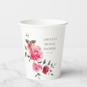 Vasos De Papel Ducha de Novia Acuarela Rosas Rojas Rosadas Vintag
