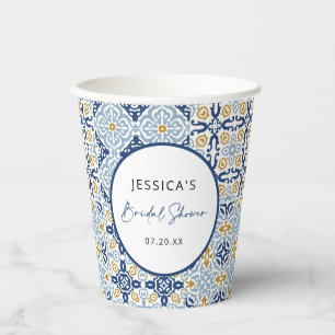 Vasos De Papel Ducha de Novia Amarillo Azul Baldosa Amalfi