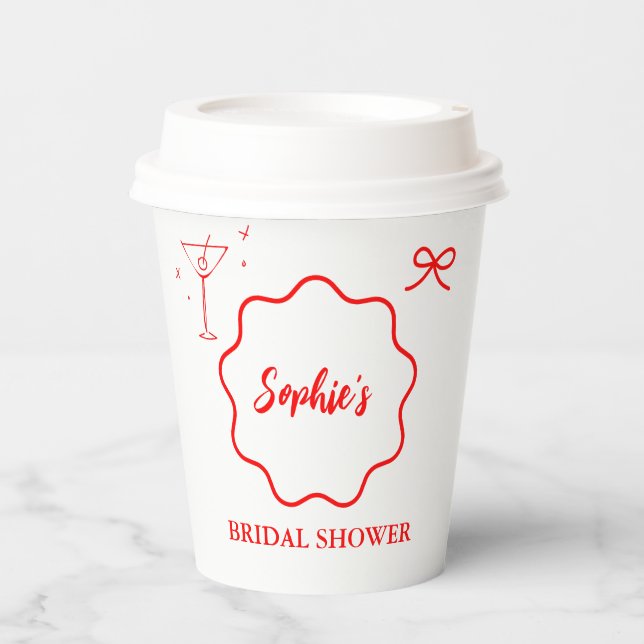 Vasos De Papel Ducha de Novia con Borde Ondulado Retro Rosa y Roj (Anverso)