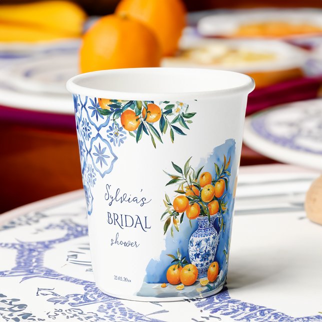 Vasos De Papel Ducha de novia con cítricos de la chinoiserie azul (Talavera blue chinoiserie vase oranges citrus Spanish Mexican summer bridal shower paper cups)