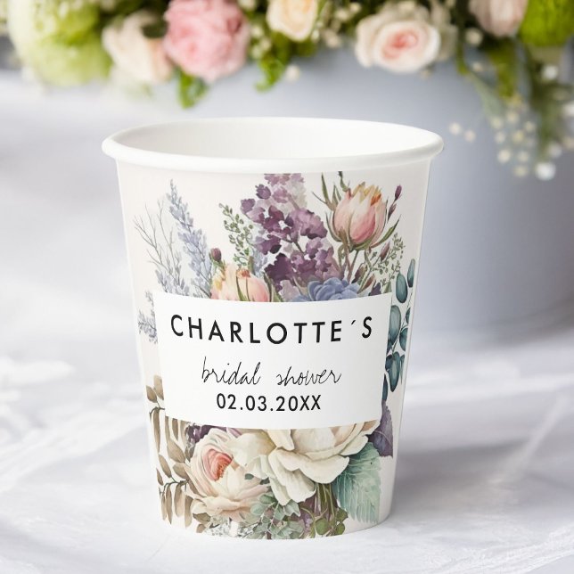 Vasos De Papel Ducha de Novia con Flores (Floral Bridal Shower Paper Cups with your name and date.)