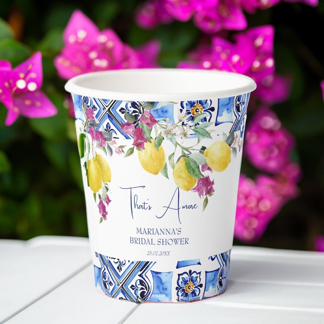 Vasos De Papel Ducha de novia de limones italianos buganvillea ci (Italian maiolica blue tiles lemons bougainvillea citrus bridal shower personalized paper cups )
