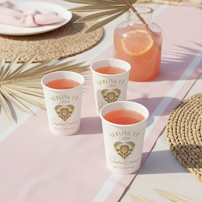 Vasos De Papel Ducha de Novia de Pickleball de Palma Tropical Ret (Retro Tropical Palm Tree Pickleball Bridal Shower Paper Cups)
