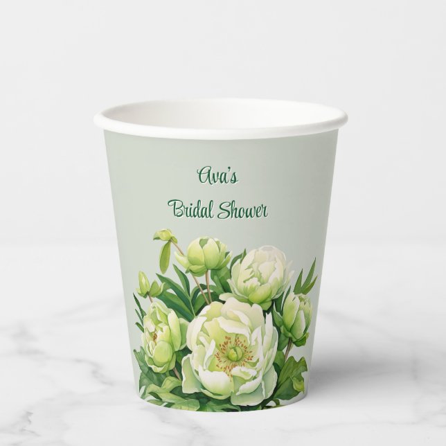Vasos De Papel Ducha de Novia Elegante con Peonía Verde y Blanca (Anverso)