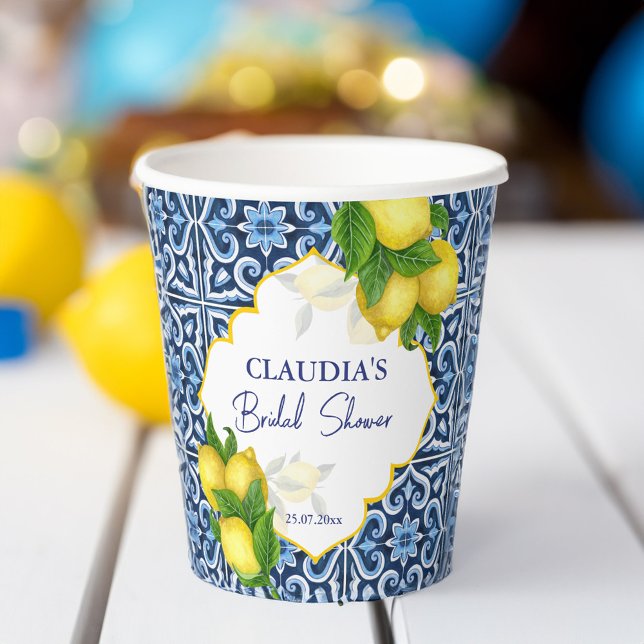 Vasos De Papel Ducha de novia favor regalos azulejos azules limón (Bridal shower favor gifts blue tiles lemon Amalfi Paper Cups personalized tableware custom party cup)