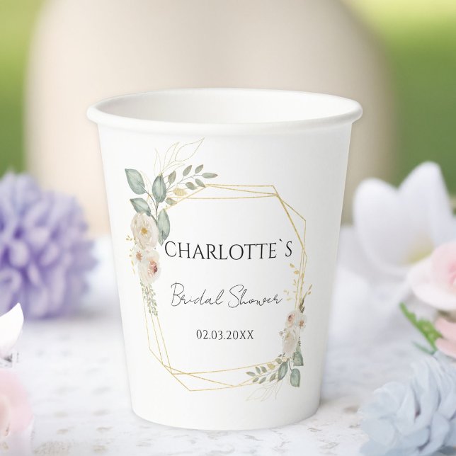 Vasos De Papel Ducha de Novia Flor Boho    (Boho Flower Eucalyptus Bridal Shower Paper Cups with your name and date.)
