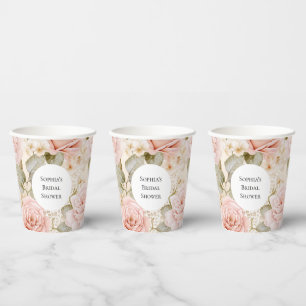 Vasos De Papel Ducha de Novia Floral Rosas Rosadas Crema