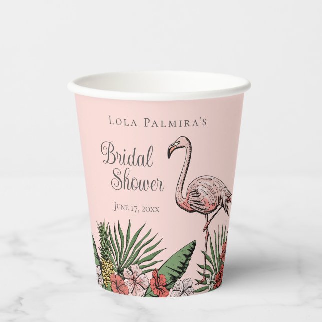 Vasos De Papel Ducha de Novia Floral Tropical Flamingo Rosa (Anverso)