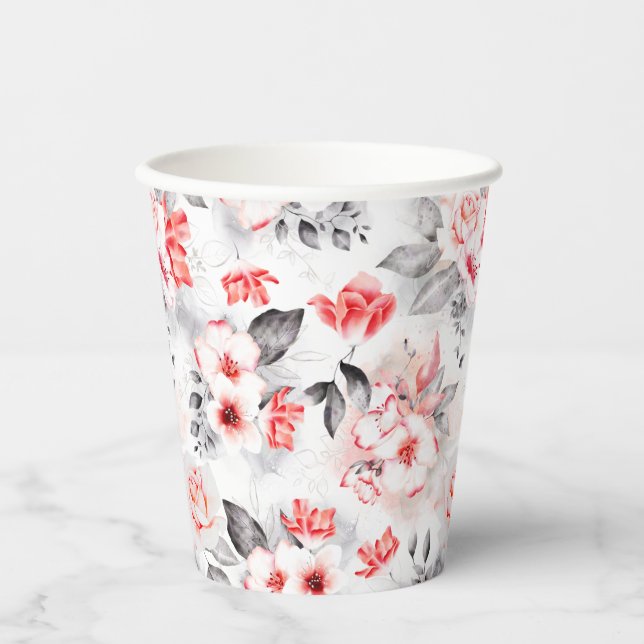 Vasos De Papel Ducha de Novia Flores Acuarela Rojo y Gris (Anverso)
