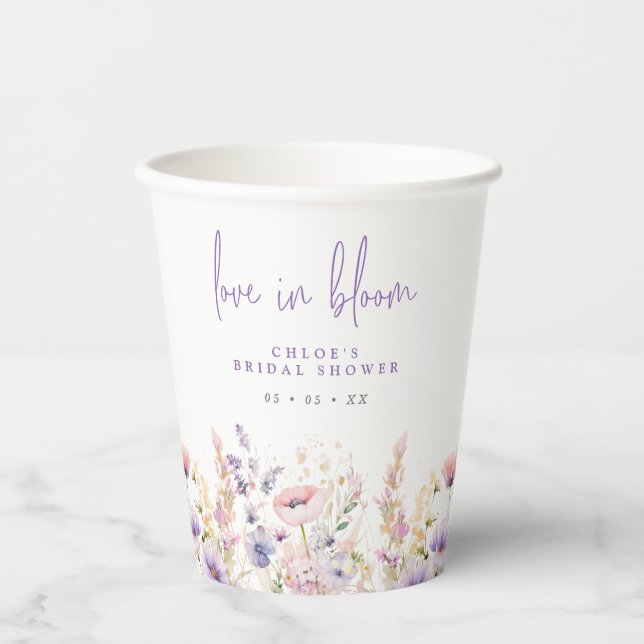 Vasos De Papel Ducha de Novia Flores Silvestres Lilas Amor en Flo (Anverso)