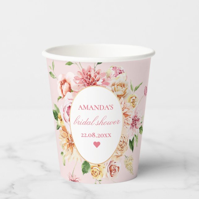 Vasos De Papel Ducha de novia romántica floral de verano de Rubor (Anverso)