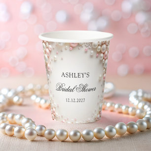 Vasos De Papel Ducha de novias de perlas blancas y rosas de Rubor