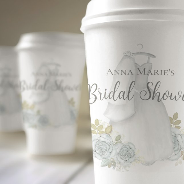 Vasos De Papel Ducha nupcial Boda azul turbio vestido Rosa floral (Elegant bridal shower paper cup with watercolor blue roses and beautiful wedding dress)