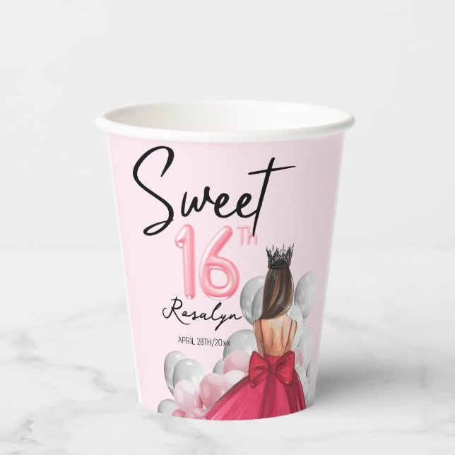 Vasos De Papel Dulce 16 Globos blancos rosados Rosa Glam (Anverso)