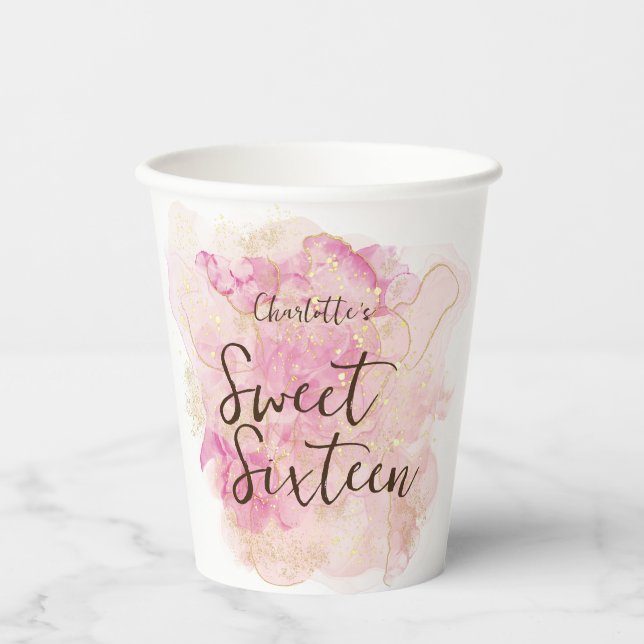 Vasos De Papel Dulce acuático rosa y dorado de moda 16 Fiesta (Anverso)