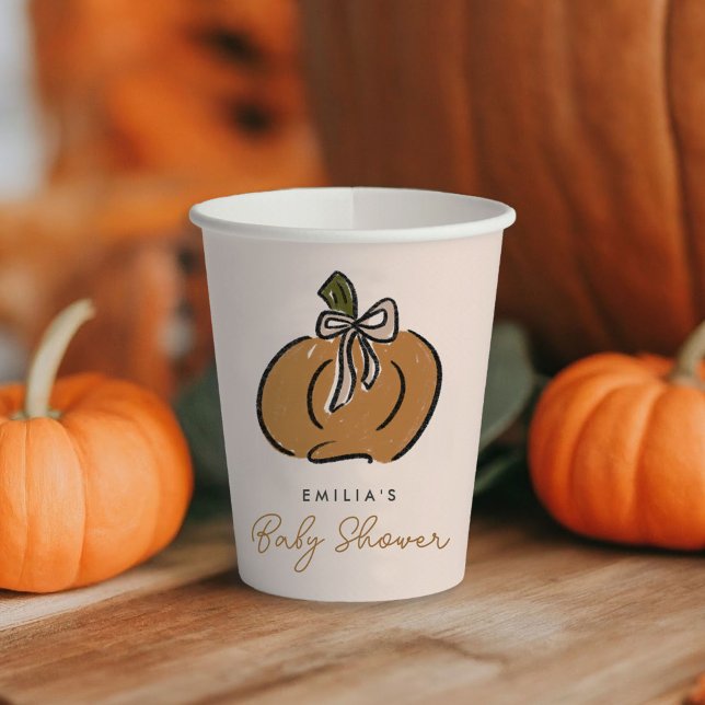 Vasos De Papel Dulce Calabaza En El Camino De La Cuesta Baby Show (Cute, little pumpkin autumnal baby shower personalized paper party cups.)
