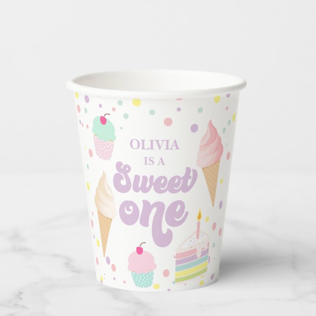 Vasos De Papel Dulce Cumpleaños Uno Helado y Tarta (Anverso)