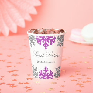Vasos De Papel Dulce de invierno Morado Plateado con Snowflake 16