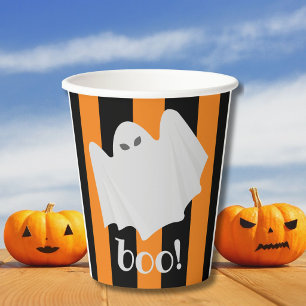 Vasos De Papel Dulce Fantasma de Halloween Rayas Naranjas y Negra