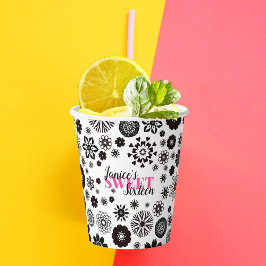 Vasos De Papel Dulce floral blanco negro 16 Nombre personalizado