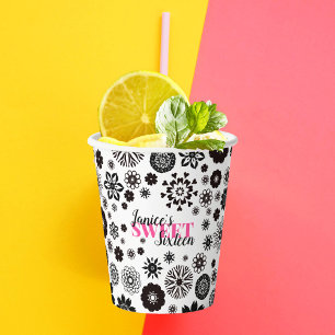 Vasos De Papel Dulce floral blanco negro 16 Nombre personalizado