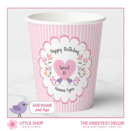 Vasos De Papel Dulce floral rosa personalizable 16 Fiesta de cump