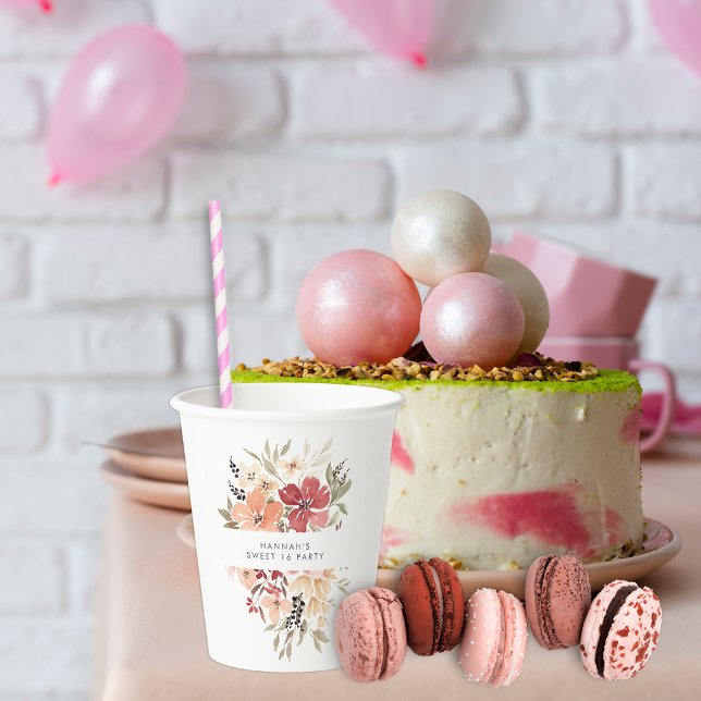 Vasos De Papel Dulce floral simple 16 cumpleaños (Subido por el creador)
