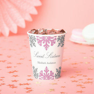 Vasos De Papel Dulce invernal rosado plateado 16