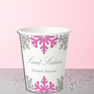 Vasos De Papel Dulce invernal rosado plateado 16